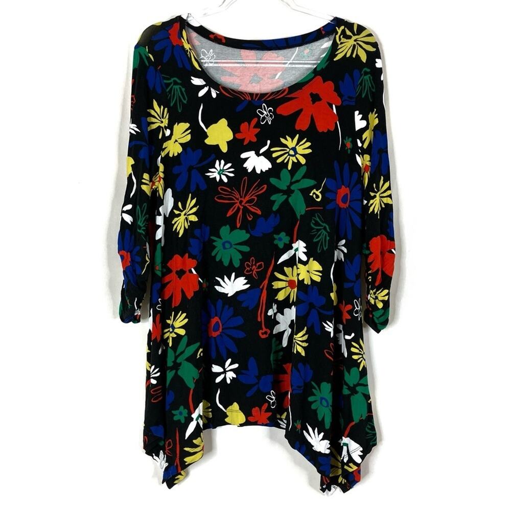 Black Multi-Color Floral Print Top Stretchy Ruched 3/4 Sleeve Womens est. Large